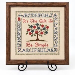Vintage Cross Stitch Sampler Tis the Gift to be Simple Cottage Core Framed 12x12